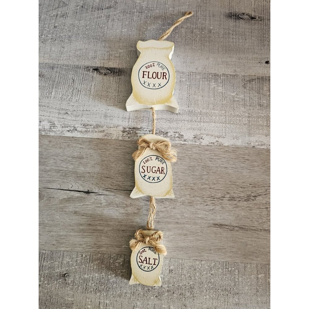 Vtg Decorative Wooden Kitchen Wall Hanging "Flour, Sugar, Salt" 14" Country G21b